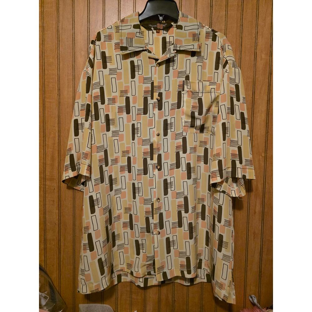 Michael Irvin 88 Button‎ Up Shirt Men Sz XL Brown Geometric Print Vintage Retro